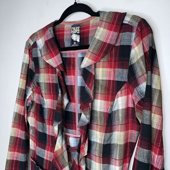 Free People Women’s Liberty Plaid Ruffle Jacket Blazer Black Red Size 12 - Picture 2 of 5